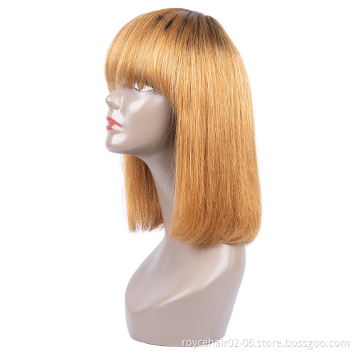 Peruvian Virgin Human Hair T1b 27 Colored Ombre Natural Blonde Short Straight Bob Wigs for Black Women with Bangs
